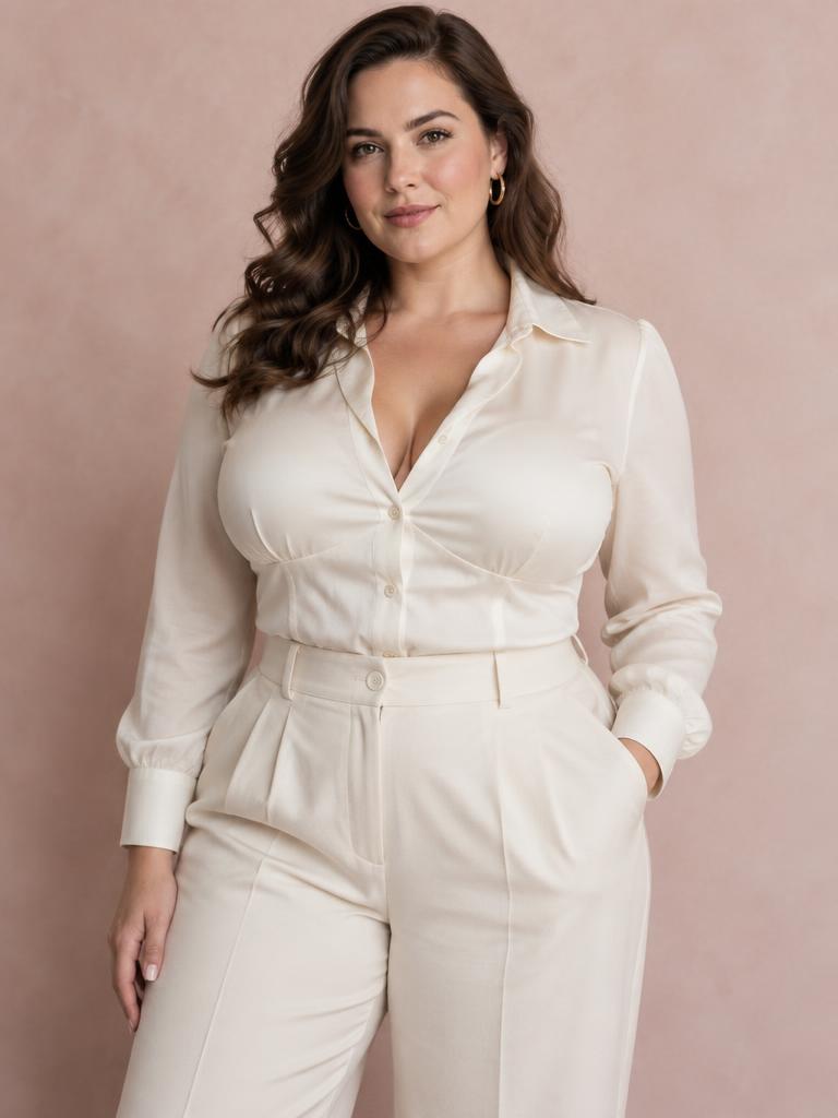 Petite woman with a full bust in a fitted cream blouse